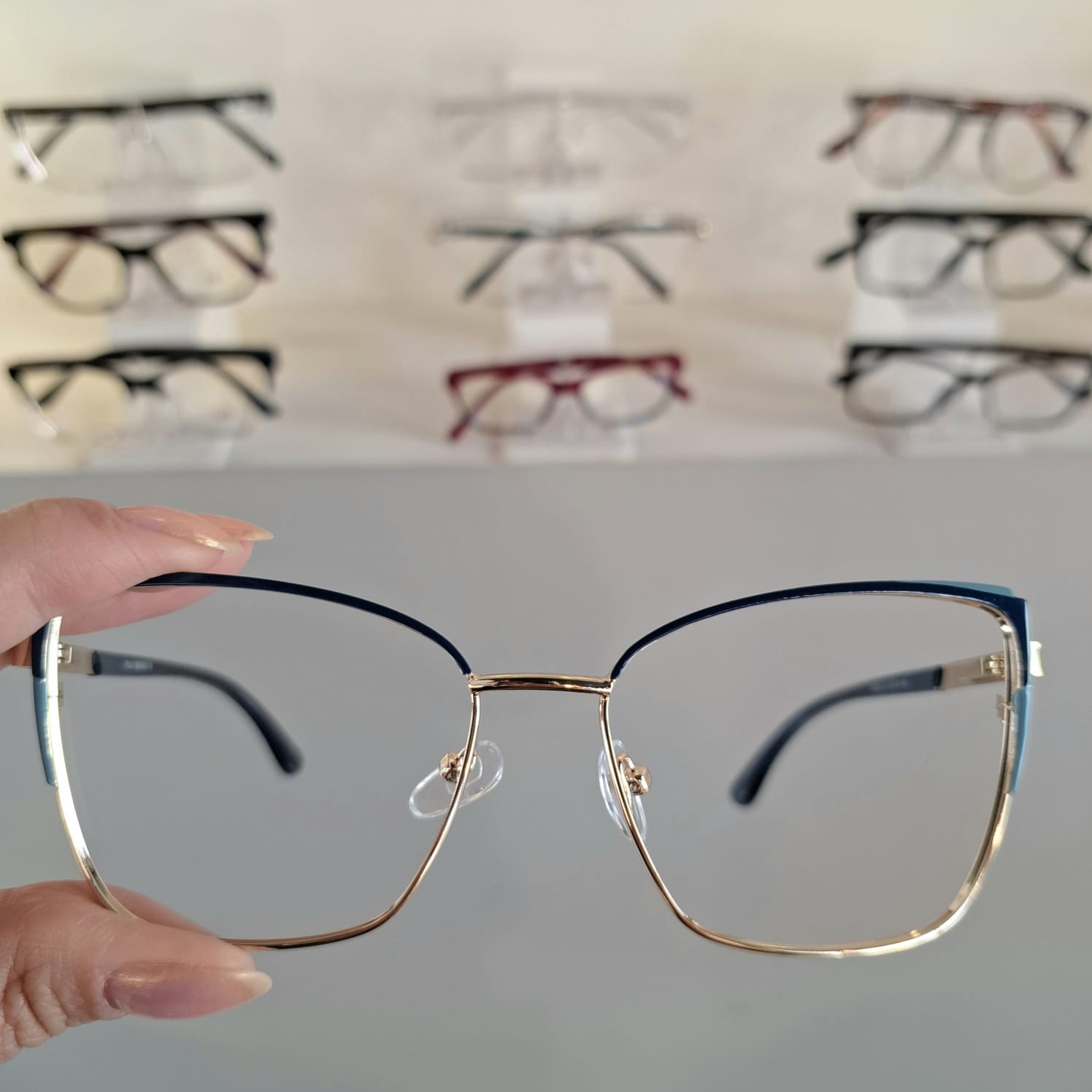 Armação Quadrado Azul / Dourado Feminino - Monte Seus Óculos